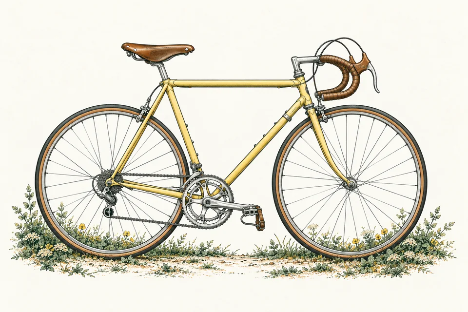 Vintage engraved illustration of a butter-yellow steel road bicycle with leather saddle, drop handlebars, and wildflowers